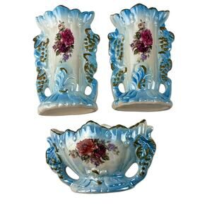 Vintage Lusterware Trio Blue & White Floral Iridescent Bud Vases Japan Ceramic